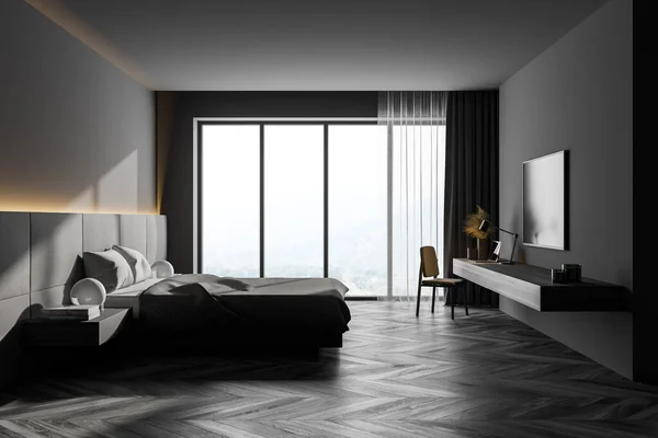 Intérieur Chambre Principale Moderne Avec Murs Gris Parquet Lit King — Photo