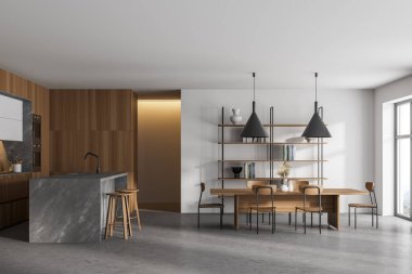 Beyaz ve ahşap duvarları olan şık bir mutfak, beton zemin, yemek masası ve tabureli mermer bar. 3d oluşturma