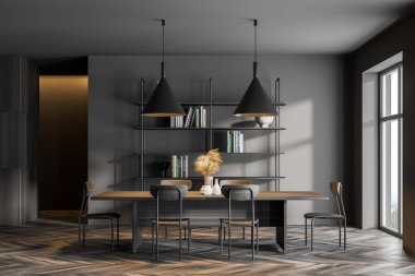 Gri ve ahşap duvarları, ahşap zemini ve yemek masası olan modern mutfağın içi. 3d oluşturma