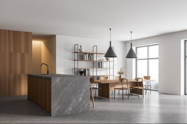 Beyaz ve ahşap duvarları olan şık bir mutfağın köşesi beton zemin, yemek masası ve tabureli mermer bar. 3d oluşturma