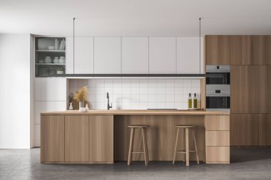 Beyaz ve ahşap duvarları olan şık bir mutfak, beton zemin, beyaz ve ahşap dolaplar ve tabureli bir bar. 3d oluşturma