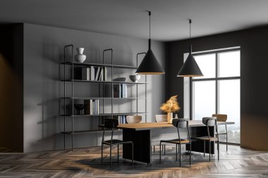 Gri ve ahşap duvarlı modern mutfağın köşesi, ahşap zemin ve yemek masası. 3d oluşturma