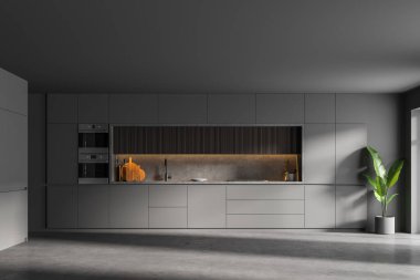 Ahşap ve gri dolaplar gri duvarları ve beton zemini olan şık bir mutfakta duruyor. 3d oluşturma