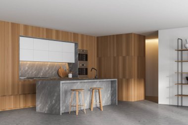 Modern mutfağın köşesinde beyaz ve ahşap duvarlar, beton zemin, tabure ve dolaplı mermer bar. 3d oluşturma