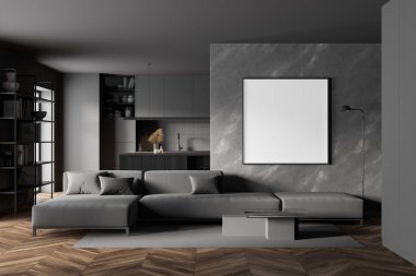 Gri ve mermer duvarlı modern oturma odasının içi, ahşap zemin, yastıklı uzun gri kanepe ve kare şeklindeki poster. Mutfak arka planda. 3d oluşturma