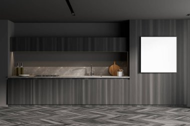 Ahşap ve gri duvarları, ahşap zemini, ahşap kaportası ve kare şeklindeki posterleri olan şık bir mutfak. 3d oluşturma