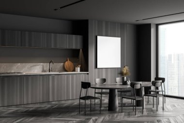 Ahşap ve gri duvarları olan şık bir mutfağın köşesi, ahşap zemin, yemek masası ve kare şeklinde poster. 3d oluşturma