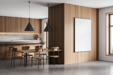 Modern mutfağın köşesinde beyaz ve ahşap duvarlar, beton zemin, uzun yemek masası ve dikey maket posterleri var. 3d oluşturma