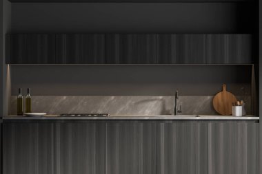 Ahşap duvarları, gri duvarları ve tahta kubbeleri olan şık bir mutfak. 3d oluşturma