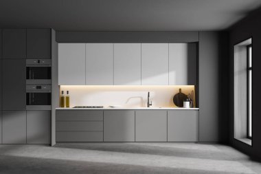 Gri ve beyaz duvarları, beton zemini, gri ve beyaz dolapları olan modern mutfağın içi. 3d oluşturma