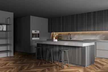Gri duvarları olan modern mutfağın köşesi, ahşap zemin, tabureli bar tezgahı ve gri dolaplar. 3d oluşturma