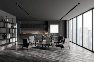 Ahşap ve gri duvarları olan şık bir mutfak, ahşap zemin, yemek masası ve arka planda tabureleri olan bir bar. Kare maket posteri. 3d oluşturma