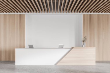 Beyaz ve ahşap duvarları, beton zemini ve resepsiyon masası olan modern ofis bekleme odası. 3d oluşturma