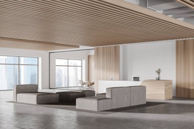 Modern ofis bekleme odasının köşesinde beyaz ve ahşap duvarlar, beton zemin, gri kanepeler ve resepsiyon masası. 3d oluşturma