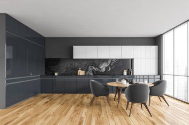 Siyah beyaz mutfak, dört sandalye, yemek masası, pencere ve parke zemin. Mobilyalı modern minimalist mutfak, 3 boyutlu, insan yok.