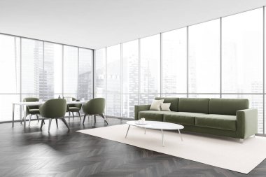 Masası ve dört yeşil sandalyesi olan yemek odası, pencere kenarındaki beyaz halıda, şehir manzaralı bir kanepe. Koyu parke zemin üzerinde modern yeni mutfak, 3 boyutlu, kimseyi göstermiyor.