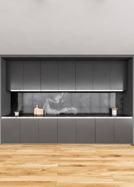 Aletleri ve ocağı olan siyah beyaz mutfak seti, parke zemin, ön manzara. Modern minimalist mutfak seti mermer dekorasyonlu, 3 boyutlu, kimseyi yansıtmayan
