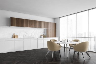 Beyaz ve ahşap mutfak, dört sandalye ve yemek masası, yan görüş, pencere ve koyu parke zemin. Mobilyalı modern minimalist mutfak, 3 boyutlu, insan yok.