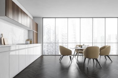 Dört sandalyeli, yemek masalı, pencereli ve parke zeminli beyaz ve ahşap mutfak. Mobilyalı modern minimalist mutfak, 3 boyutlu, insan yok.