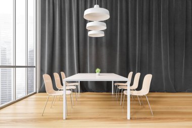 Siyah beyaz yemek odası, beyaz masa, altı sandalye, beyaz lambalar ve siyah perdeler. Mobilyalı ve parke zeminli yemek odası, büyük pencere, 3 boyutlu, kimseyi göstermiyor.