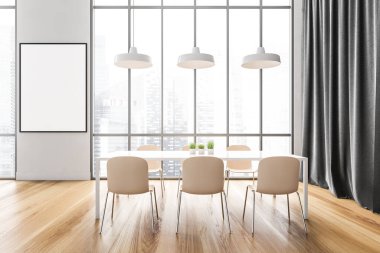 Siyah beyaz yemek odasında, beyaz masa, altı sandalye, beyaz lambalar ve siyah perdeler olan bir tuval. Mobilyalı ve parke zeminli yemek odası, büyük pencere, 3 boyutlu, kimseyi göstermiyor.