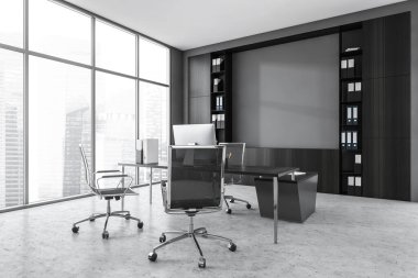 Koltuklu gri ofis odası, bilgisayar ve siyah raflı masa, yan görüş, mermer zeminin yanındaki pencereye yakın. İş dünyası modern lüks danışma odası, 3 boyutlu, kimseyi göstermiyor.