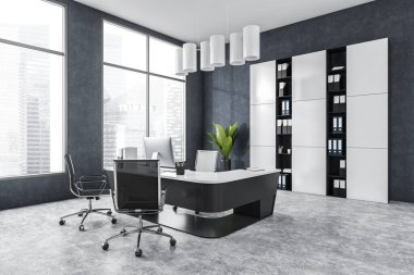 Koltuklu gri ofis odası, bilgisayarlı masa ve şehir manzaralı pencere kenarındaki raf. İş gri mermer danışma odası, 3 boyutlu kimseyi göstermiyor.