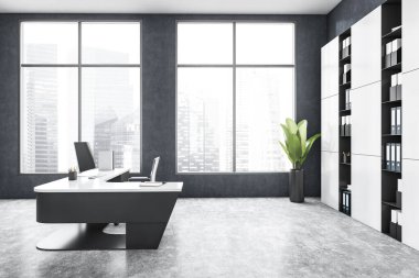 Gri iş bürosu, siyah beyaz masa, bilgisayar ve raf. İş dünyası koyu gri, mermer minimalist danışma odası geniş pencereli, 3 boyutlu, kimseyi göstermiyor.