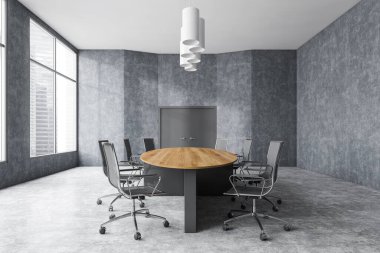 Siyah koltuklu gri ve mermer toplantı odası, ahşap masa ve şehir manzaralı pencereler. Mermer zeminde mobilyaları olan toplantı odası, 3 boyutlu, kimseyi göstermiyor.