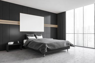 Siyah ve gri yatak odasındaki bez çerçeve, yastıklı ve çarşaflı siyah yatak, yan görüş. Minimalist karanlık yatak odası, gardırobu ve mermer zeminli, 3 boyutlu, kimseyi yansıtmayan.