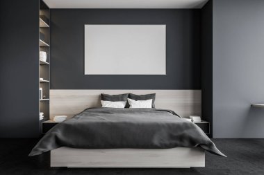 Koyu ve ahşap yatak odasındaki bez çerçeve, siyah yastıklı ve çarşaflı açık tahta yatak. Kitaplığı ve siyah zeminli minimalist uyku odası, 3 boyutlu, kimseyi göstermiyor.