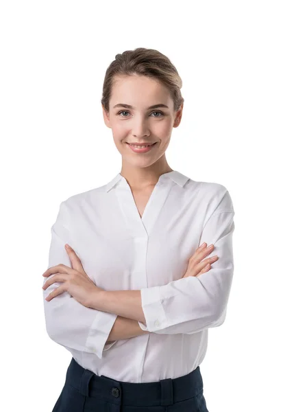 Isolated Portrait Smiling Young Confident European Businesswoman Standing Crossed Arms — Stock Photo, Image