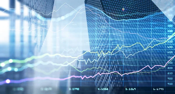 Double Exposure Blurry Financial Graphs Skyscraper Background Concept Trading Toned — Stock Photo, Image