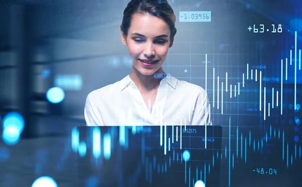 Smiling Young Businesswoman Working Blurry Office Double Exposure Financial Charts — Stock Photo, Image