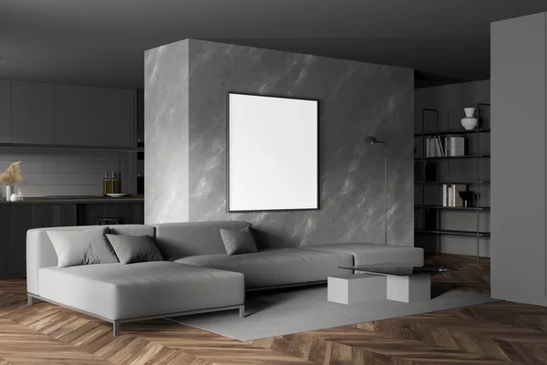 Ecke Des Modernen Wohnzimmers Mit Grauen Und Marmornen Wänden Holzboden — Stockfoto