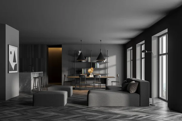グレーと木製の壁 木製の床 グレーのソファと背景にバー付きのキッチンとモダンなリビングルームのインテリア 3Dレンダリング — ストック写真