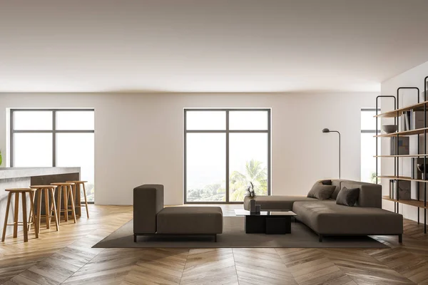 白い壁 コンクリートの床 白いソファ 左側にキッチン付きのモダンなリビングルームのインテリア 3Dレンダリング — ストック写真