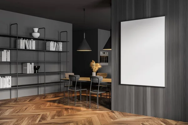 风格时尚的厨房角落 有灰色和木制墙壁 木制地板 长长的餐桌和垂直的模拟海报 垂直模拟海报 3D渲染 — 图库照片