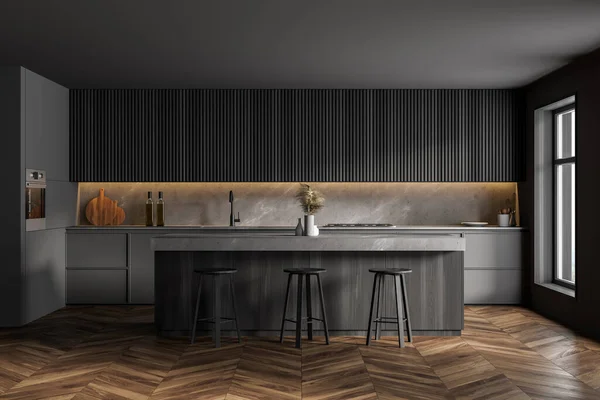 Interior of stylish kitchen with gray walls, wooden floor, bar counter with stools and grey cupboards. 3d rendering