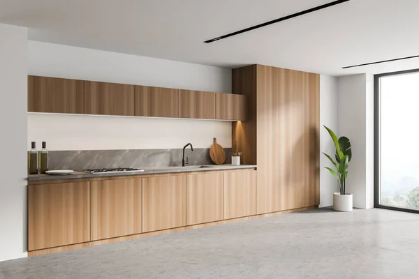 Ecke Der Modernen Küche Mit Hölzernen Und Weißen Wänden Betonboden — Stockfoto