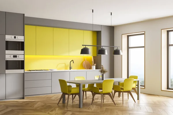 Corner Stylish Kitchen Gray Yellow Walls Wooden Floor Grey Yellow — Stock Photo, Image