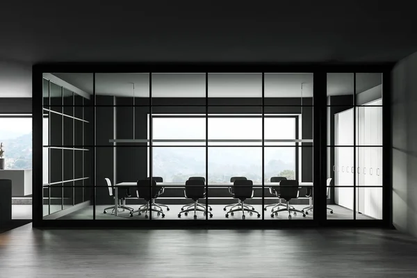 Interior Minimalistic Office Meeting Room Gray Walls Concrete Floor Long — Stock Photo, Image