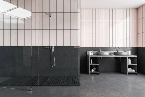 White Black Bathroom Shower Glass Doors Towels Bottles Minimalist Light — Stock Photo, Image