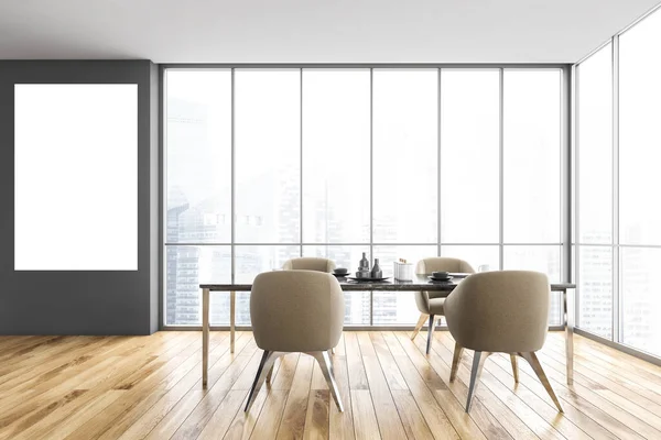 黒いテーブルと4つのベージュの椅子 高層ビルの街の景色を望む窓の近くのダイニングルームでモックアップキャンバス 寄木細工の床の近代的な新しいキッチン 3Dレンダリングなしの人々 — ストック写真