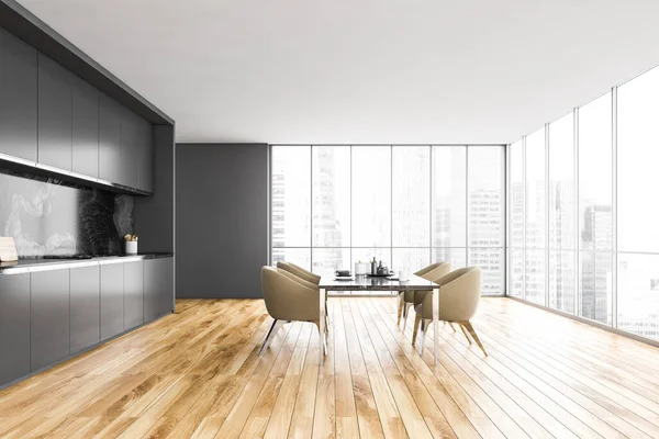 Black and white minimalist kitchen, black table and beige chairs near window with city view. Modern new kitchen on dark parquet floor, 3D rendering no people