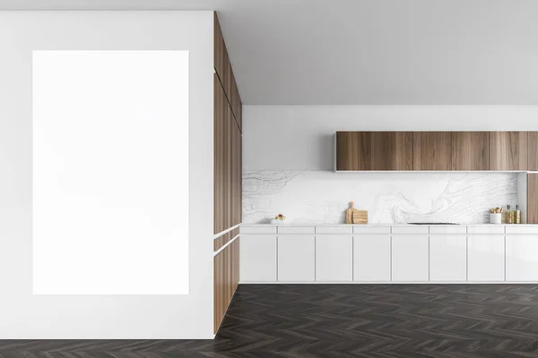 Mockup Tela Bianca Cucina Legno Con Elettrodomestici Fornelli Pavimento Parquet — Foto Stock