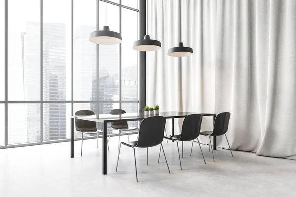 Zwart Witte Eetkamer Met Zwarte Tafel Zes Stoelen Zwarte Lampen — Stockfoto