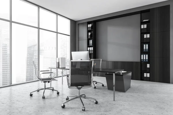 有扶手椅的灰色办公室 有电脑和黑色架子的桌子 侧视图 靠近大理石地板上的窗户 商业现代豪华咨询办公室 3D渲染没有人 — 图库照片
