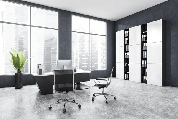 Graues Bürozimmer Mit Sesseln Tisch Mit Computer Und Regal Fensternähe — Stockfoto