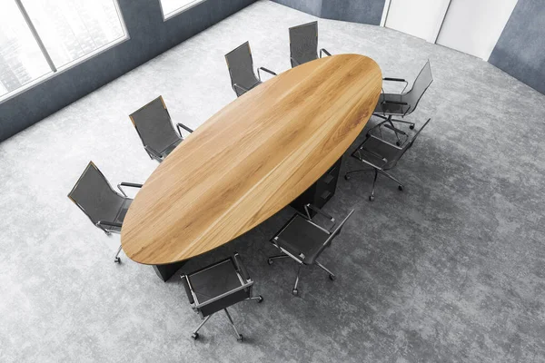 Top View Grey Wooden Conference Room Black Armchairs Wooden Oval — Stock Photo, Image